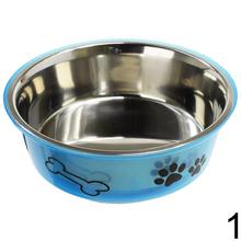 Nerezová miska pre psa s farebným okrajom a potlačou labiek.