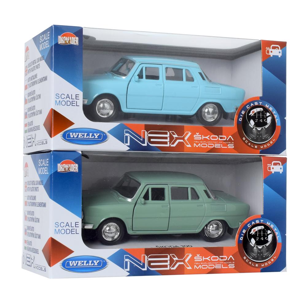 Model auta Škoda 100 v měřítku 1:34, modrá a zelená barva.