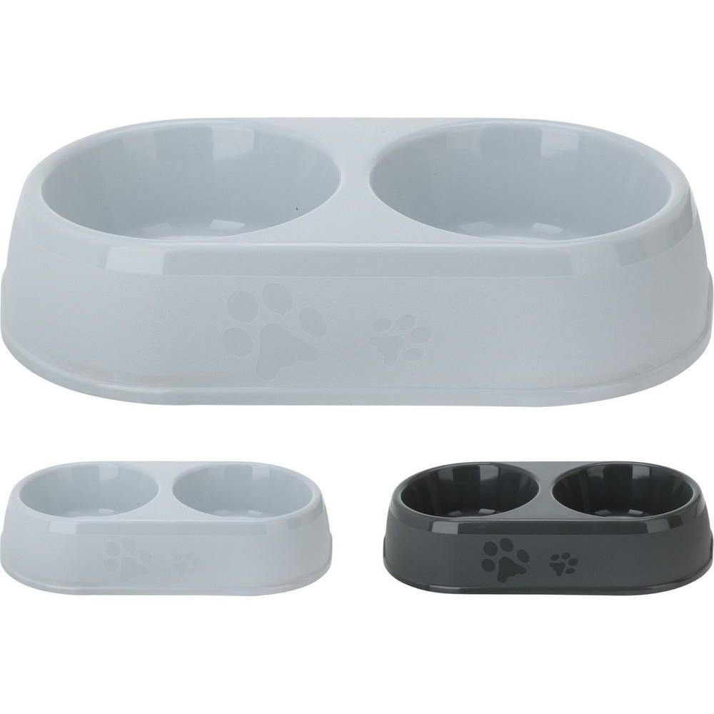 Miska pro psa se dvěma přihrádkami v šedé a černé barvě.