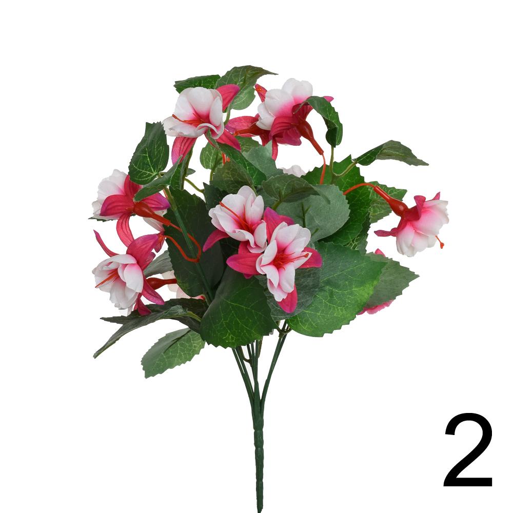 Umělá kytice fuchsie s listy, 33 cm.