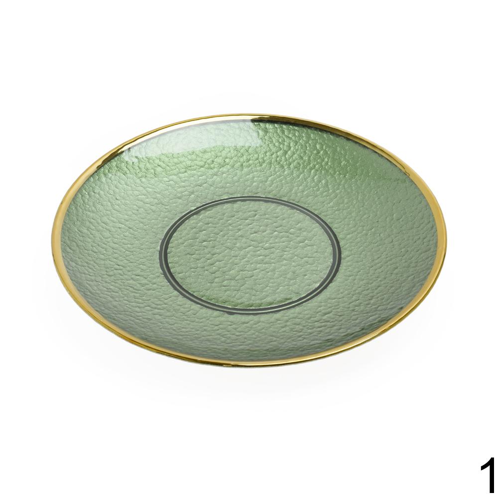 Smíšené skleněné talíře o průměru 20,5 cm v žluté a zelené barvě.