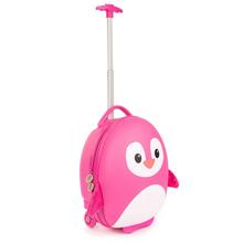 Ružový kufor Boppi Tiny Trekker s motívom tučniaka.