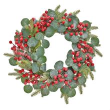 VENIEC ČEČINA, EUCALYP., ČERVENÉ BOBULE ZASNEŽ. 53CM - Věnce čečinová | FLORASYSTEM