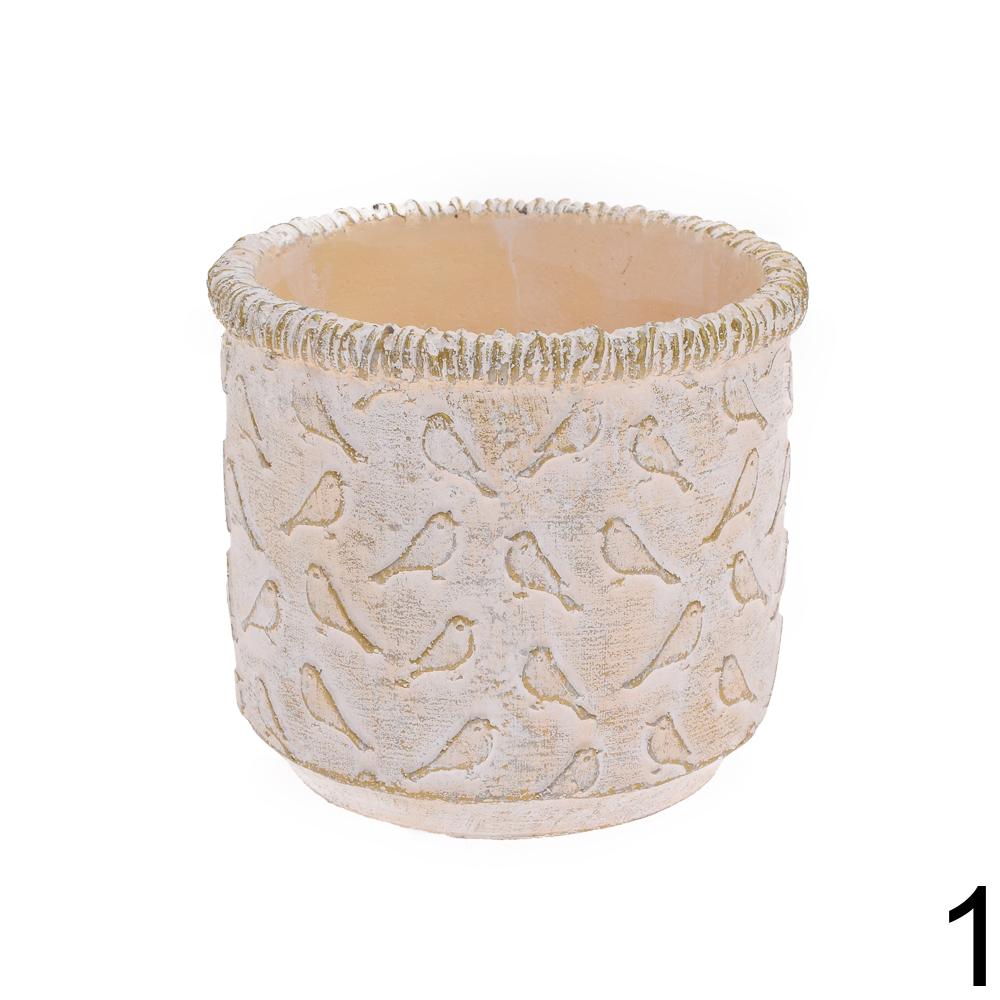 Obal cementový kulatý s ptáčky, 16x16x14 cm.