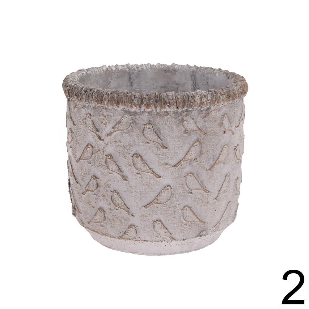 Obal cementový kulatý s ptáčky, 16x16x14 cm.