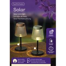 Solárna stolová lampa so skleneným tienidlom v dvoch farbách.