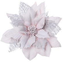 Umělá květina Poinsettia v růžovo-stříbrném provedení.