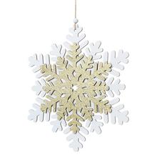 Bílá a zlatá dřevěná sněhová vločka na zavěšení.