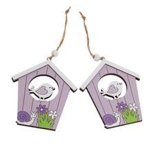 Dřevěné závěsné dekorace ve tvaru domečku s ptáčkem, fialové.
