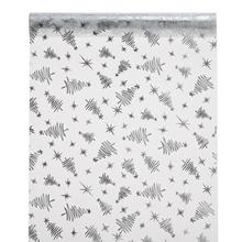 Bílá organza se stříbrnými vánočními motivy.