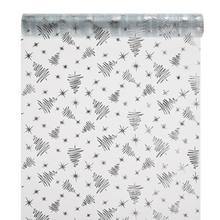 Stříbrná lesklá organza s vánočními motivy.