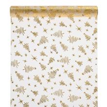 Lesklá organza v ecru-zlaté barvě s vánočními motivy.