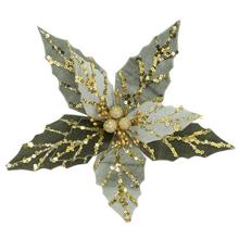 Umělá vánoční růže v zelené a zlaté barvě na štípku 22 cm.