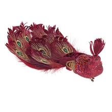 Bordový páva na sponě s peřím a třpytkami.