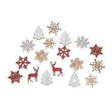 Dřevěné ozdoby v mixu barev, včetně sněhových vloček a sobů.