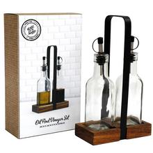 Sada lahví na olej a ocet s akáciovým stojanem.