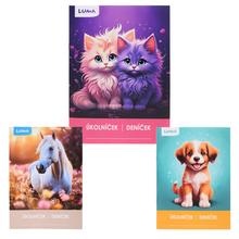 Deník A5 s mixem barev a obrázky zvířat.