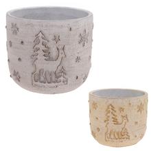 Kulatý cementový obal se srnkou a vločkami.