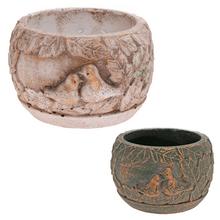 Cementový obal s ptáčky, kulatý, 12,5x12,5x7,5 cm.