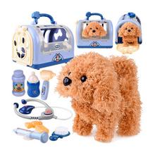 Lékařská klec pro domácí zvířata s plyšovým psem a doplňky.