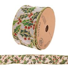 Vánoční stuha s motivem cesmíny, 6,3 cm x 10 m.