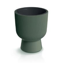 Kulatý vysoký obal na květináč v tmavě zelené barvě.