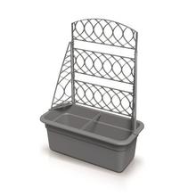 Šedý květináč s pergolou a dvěma odděleními.